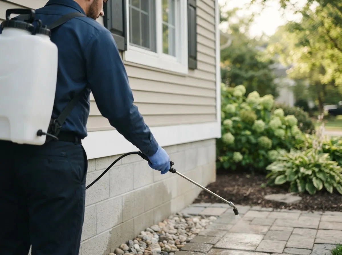 Pest control technician inspecting a home in Comstock, TX